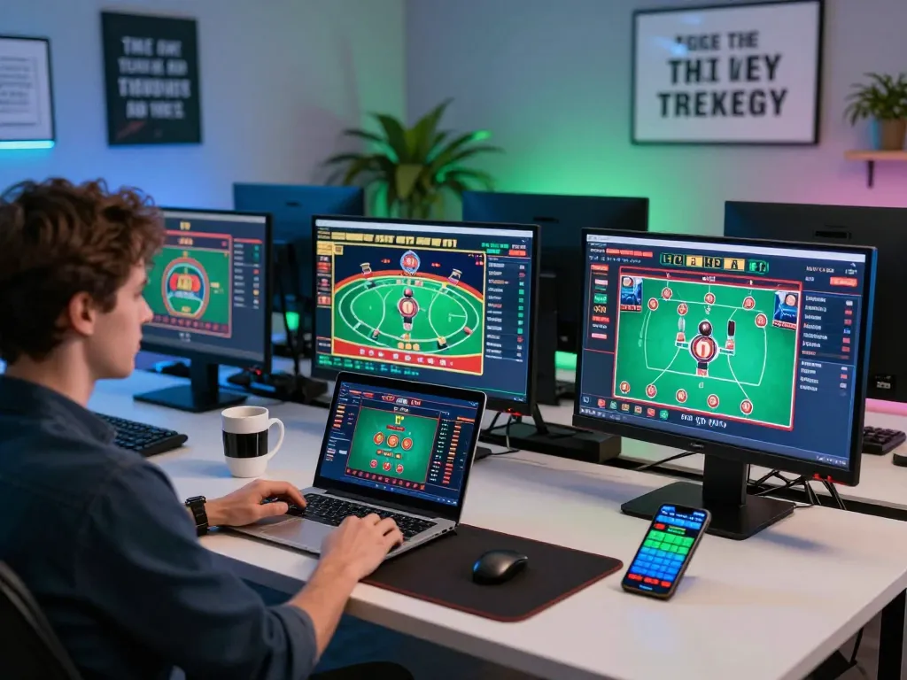 FC88 player strategizing on multiple screens during an online casino session.