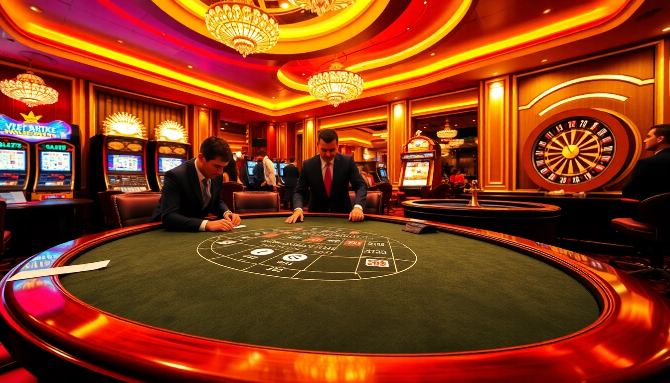 Experience thrilling wins at https://3win.city/ with this dazzling casino scene featuring blackjack and slot machines.