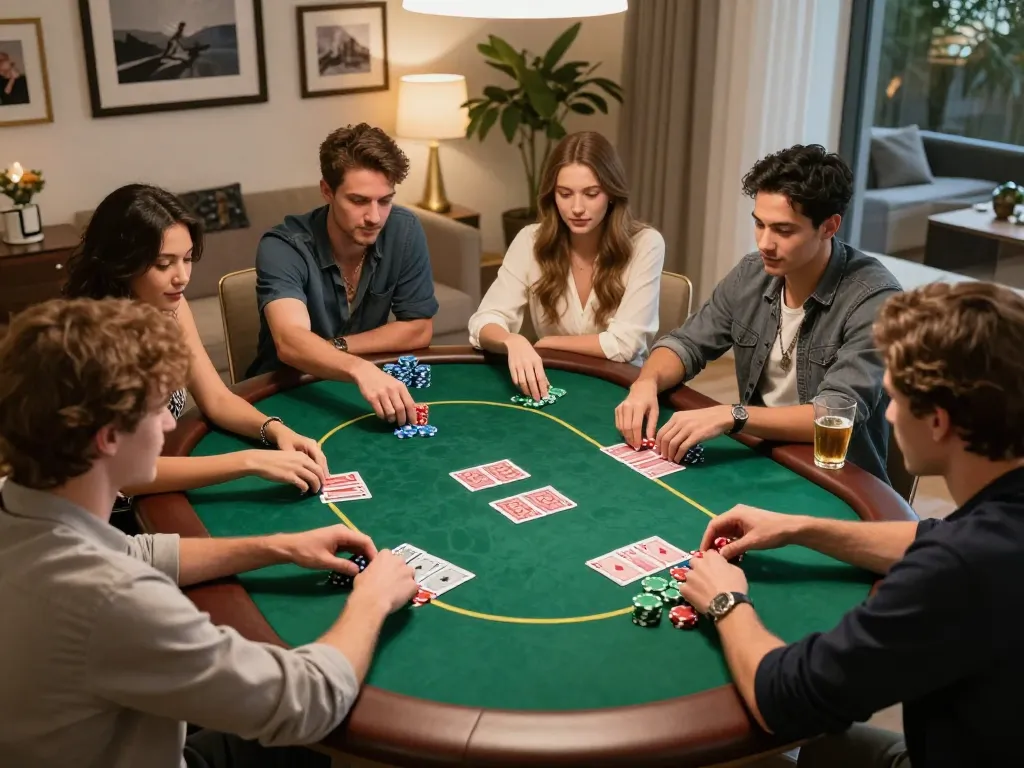 A lively home poker night scene with friends playing Texas Hold'em, showcasing strategic interactions at the table, 5699 in focus.