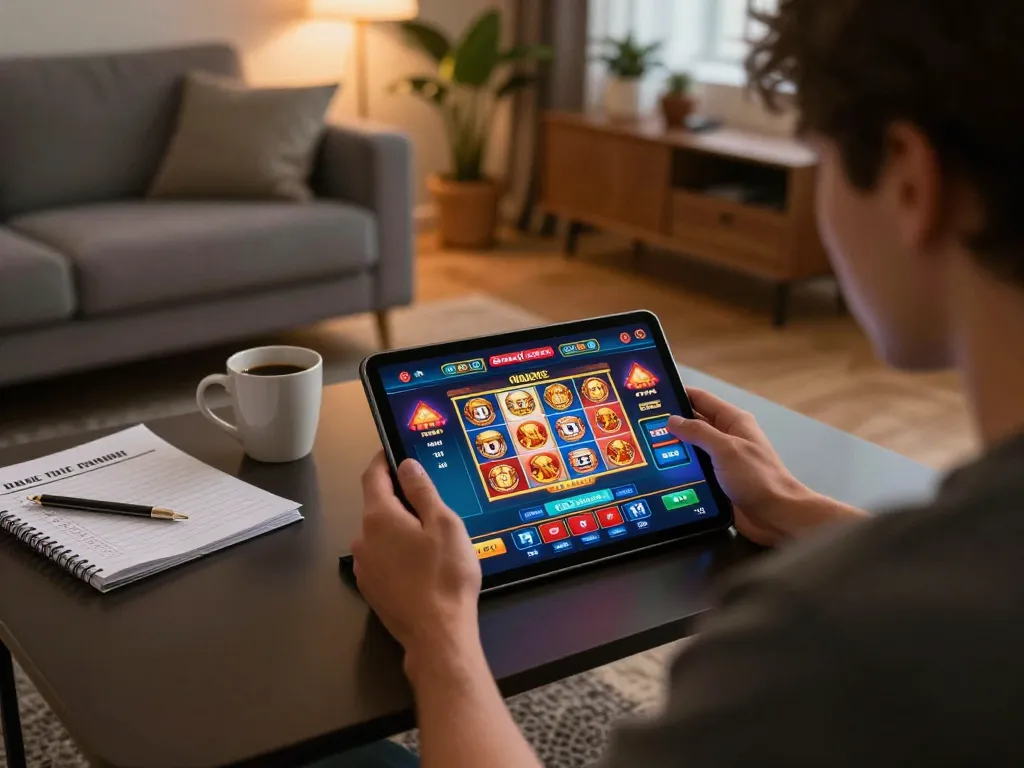 Engaging player using SC88 BET app for online gaming at home, showcasing slot game excitement and strategic fun