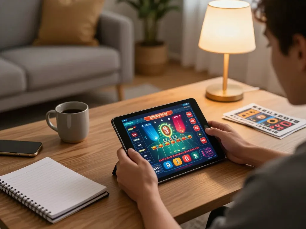 Person enjoying online gambling with Oxbet app on a tablet, cozy and inviting home setup.