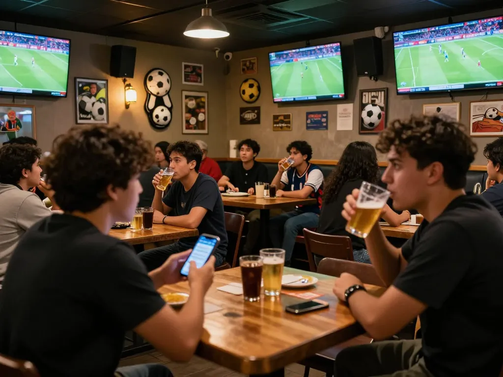 Socolive sports enthusiasts animatedly betting on live football matches at a vibrant sports bar.