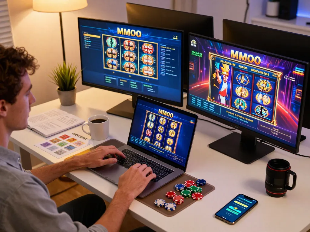 Player strategizing on MMOO online casino with multiple screens displaying games and betting options.