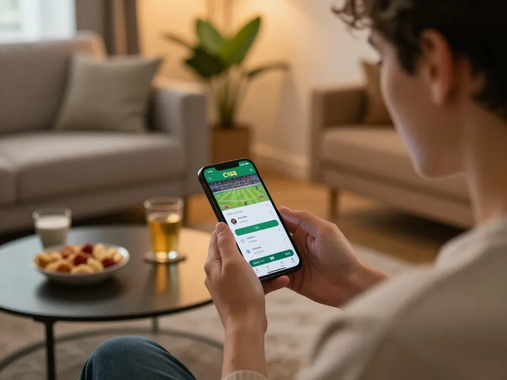 C168 app user placing sports bets from a cozy home setup, illustrating casual online gaming.