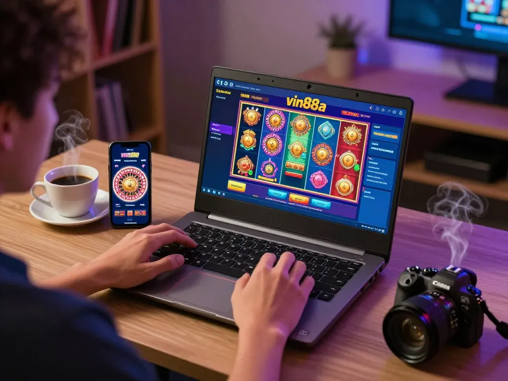 Engaging gameplay on vin88a app, showcasing a person using a laptop for online slots and mobile roulette.