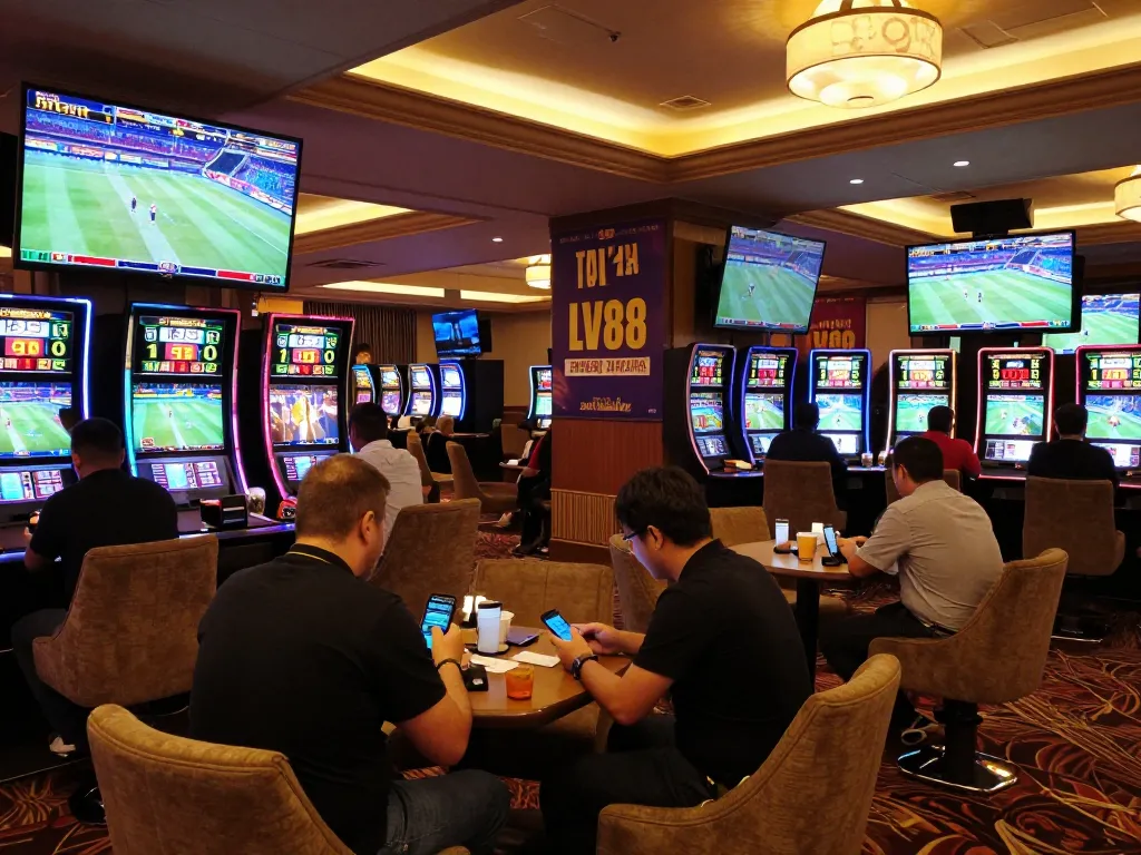 Excited bettors engaging with mobile devices at LV88 sports betting lounge showcasing live events.