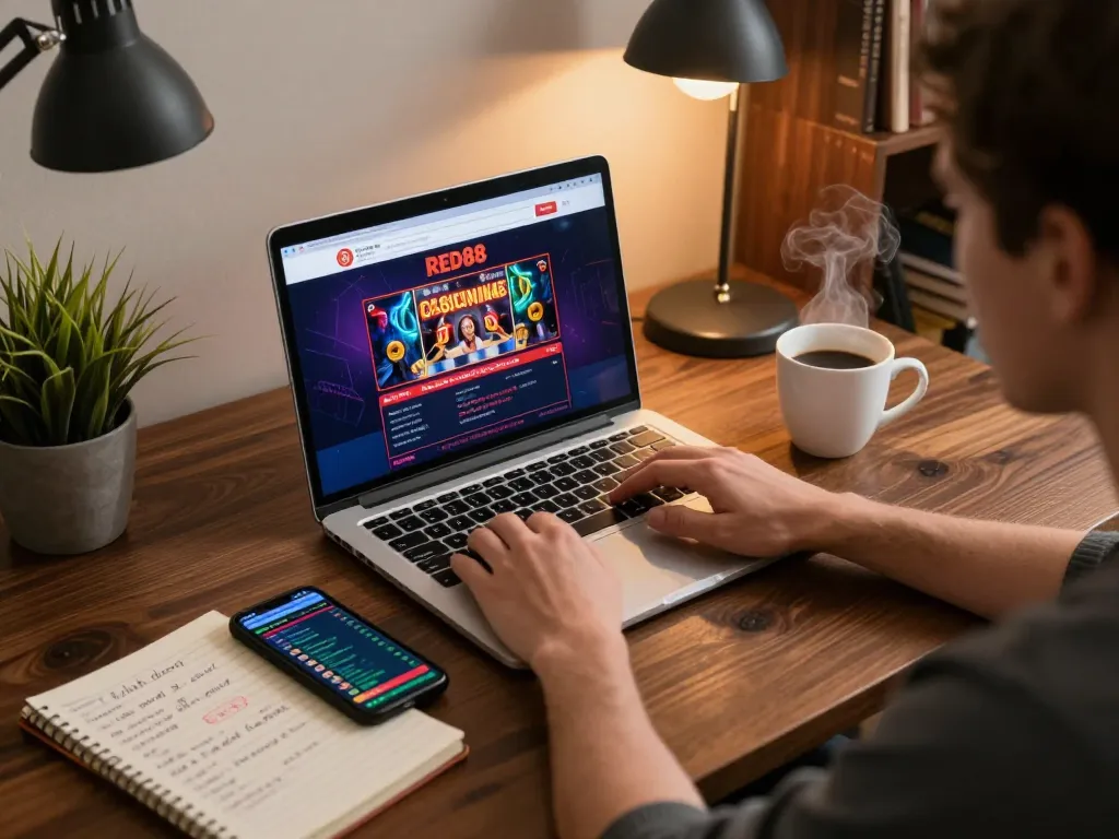 Engaging in online betting strategies at the RED88 casino site during a cozy study session