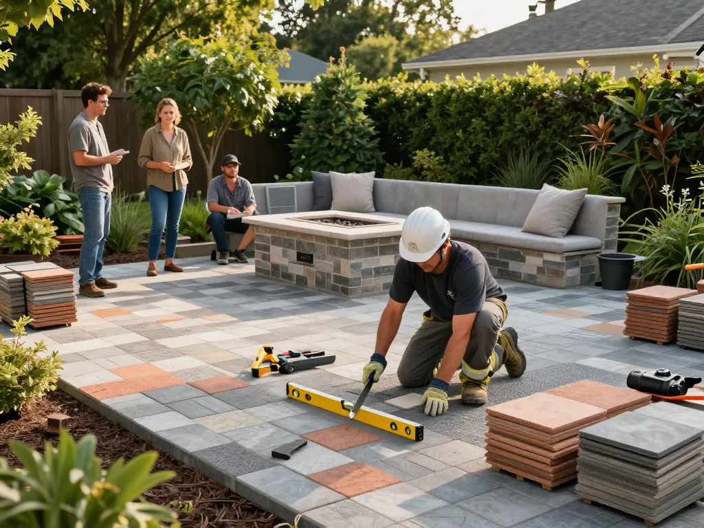Professional paver contractors near me installing a beautiful outdoor patio with fire pit and seating.