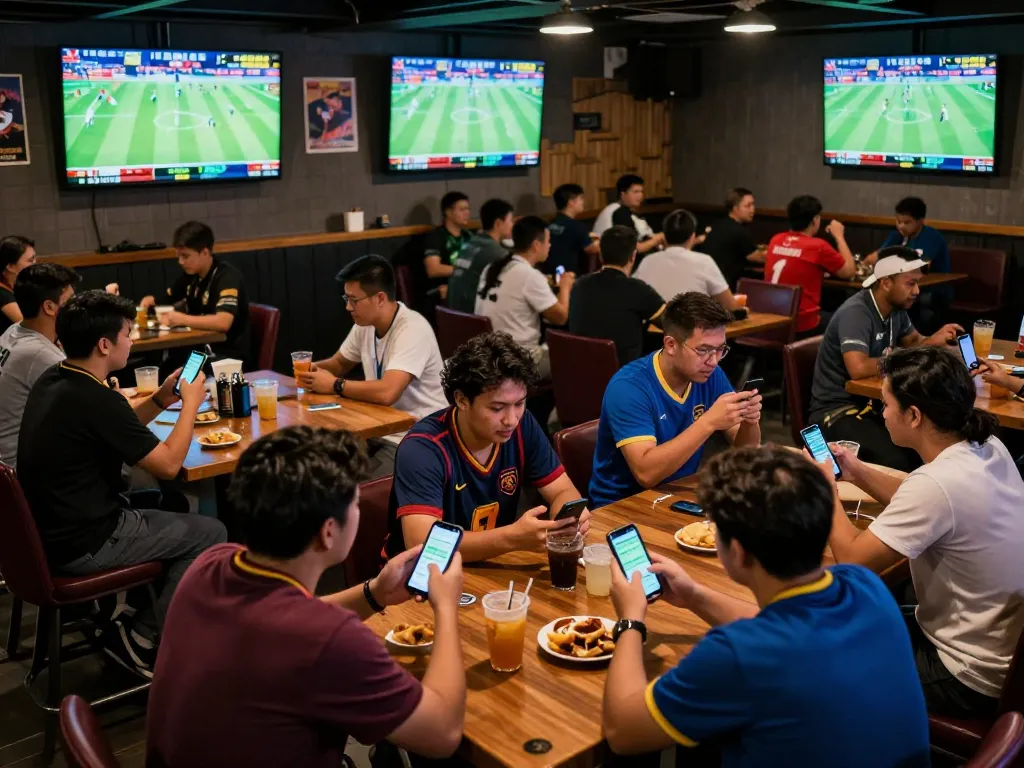Tỷ Lệ Bóng Đá betting scene with fans checking odds and placing wagers in a lively sports bar.