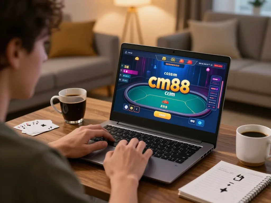 Player enjoying a captivating poker game on cm88 com from home, showcasing a strategic gaming setup
