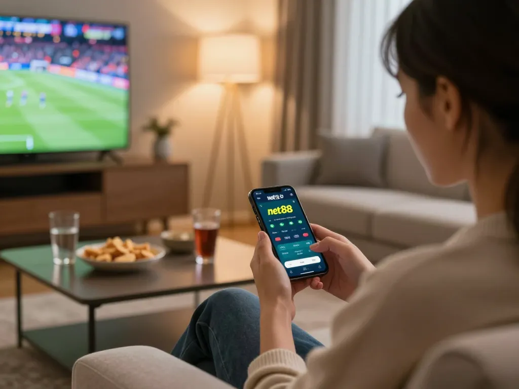 Engaging with net88 sports betting app in a modern living room setting, featuring cozy atmosphere and live sports.