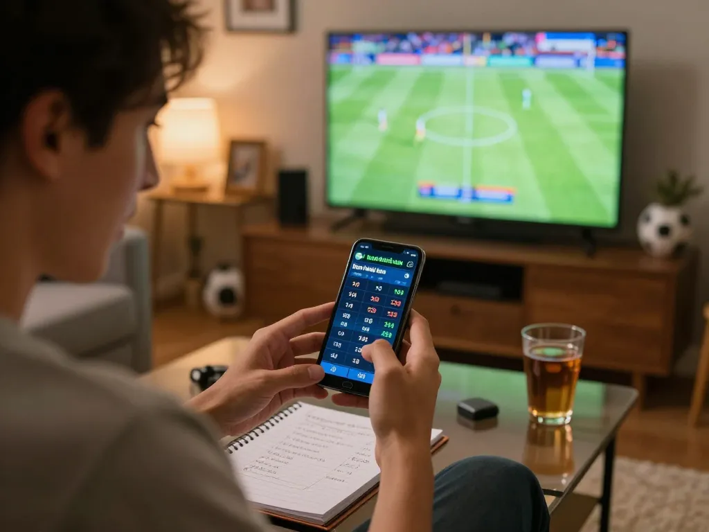 Engaging in kèo bóng đá trực tuyến betting from home, analyzing odds on smartphone amidst sports decor.