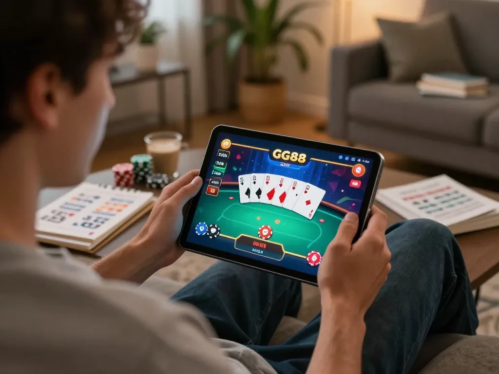 Enjoying a thrilling GG88 poker game on a tablet in a cozy home environment.