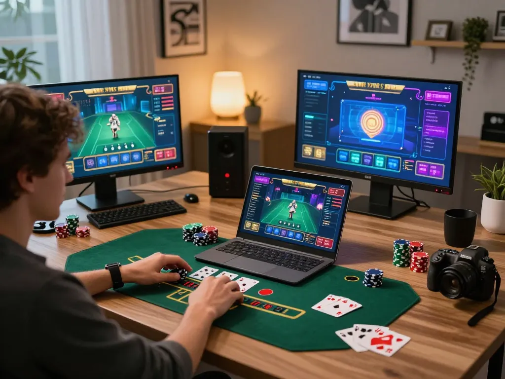 Engaged player enjoying live blackjack game on laptop, enhancing sky88c online gaming experience.