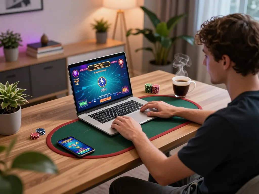 Engaging with Sunwin's online poker on a laptop, showcasing strategic gameplay at home.