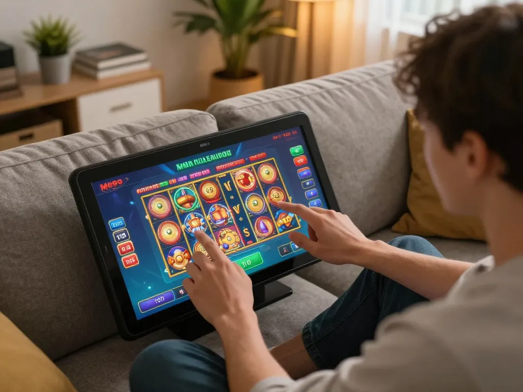 Person enjoying online slots gameplay on the Me99 app in a cozy living room