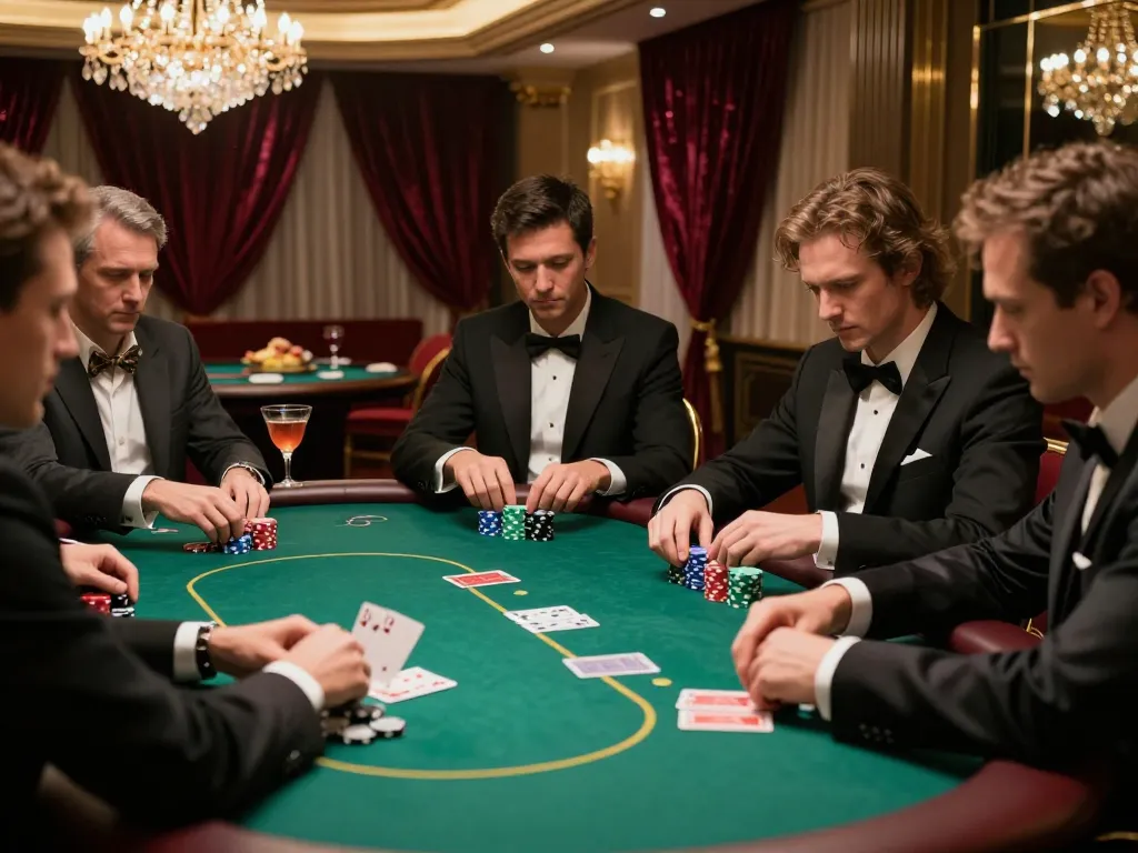 Your chance at winning while playing high-stakes poker in a VIP room at a casino, showcasing intense focus and strategic gameplay.