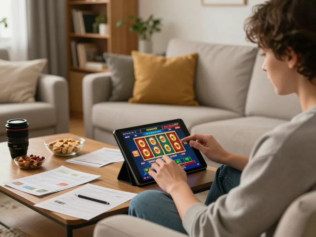 Player enjoying EQ9 casino games on a tablet in a cozy living room setting