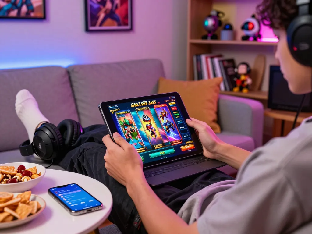 Enjoy immersive dk7 สล็อต gaming experience on tablet in a cozy room.