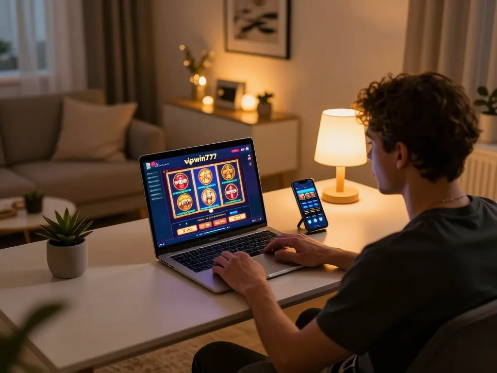 Player engaging with vipwin777 casino on laptop, showcasing vibrant games in a cozy home setting