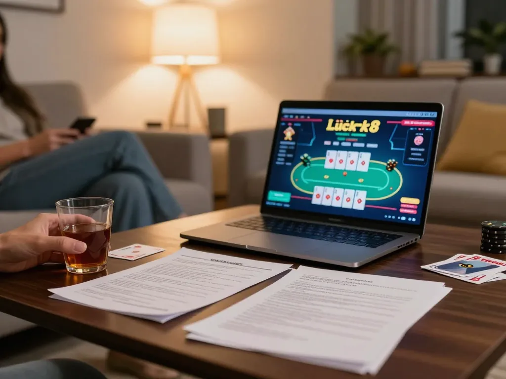 Player enjoying online poker at Nhà cái Luck8 on a cozy sofa, integrating relaxation and strategy.