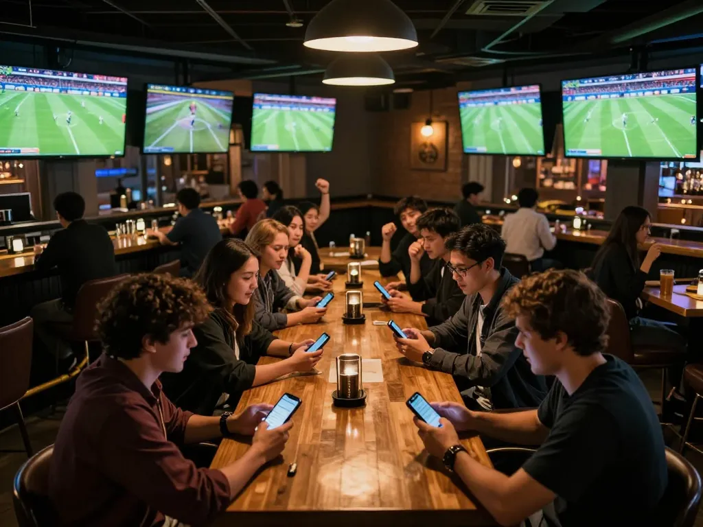 Tỷ Lệ Bóng Đá showcased on multiple screens in a bustling sports bar filled with excited patrons betting.