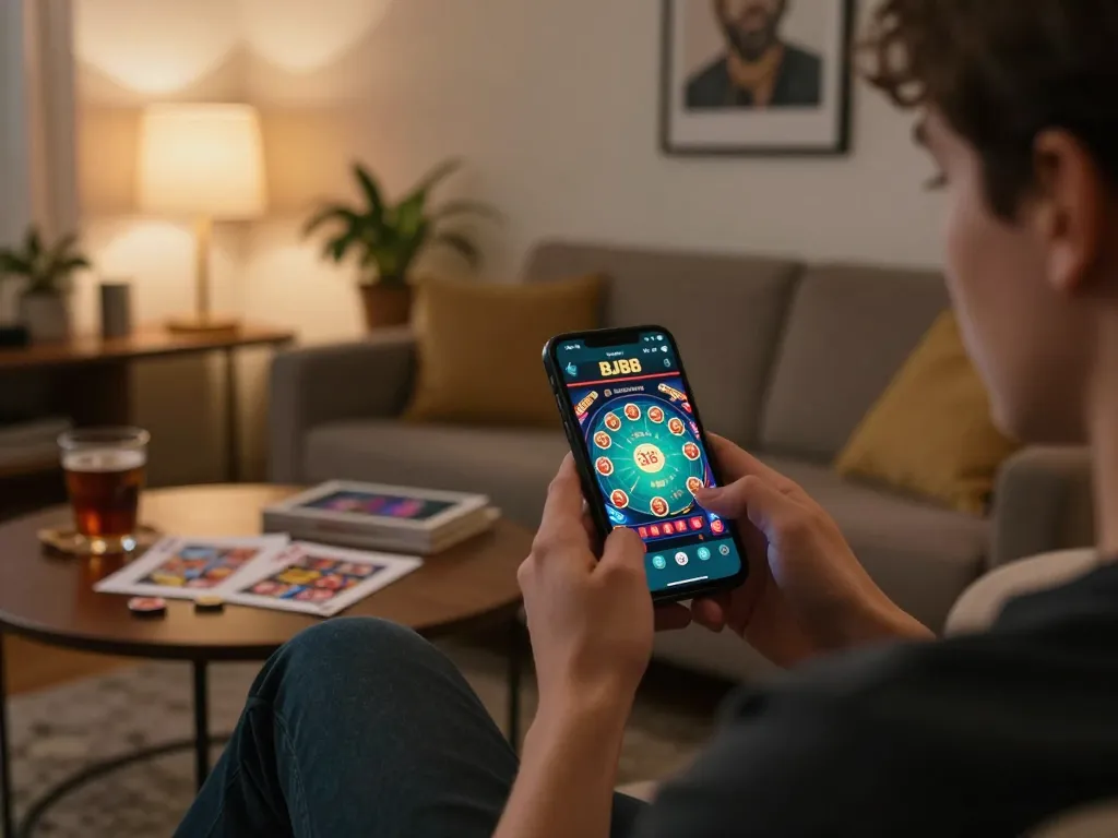 Player using BJ88 mobile app for online casino gaming, showcasing vibrant game graphics and strategic notes.