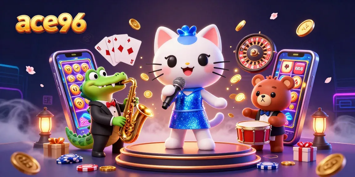 Experience excitement at ace96 with a vibrant jazz-singer cat, saxophone croc, and playful bear, surrounded by casino elements.
