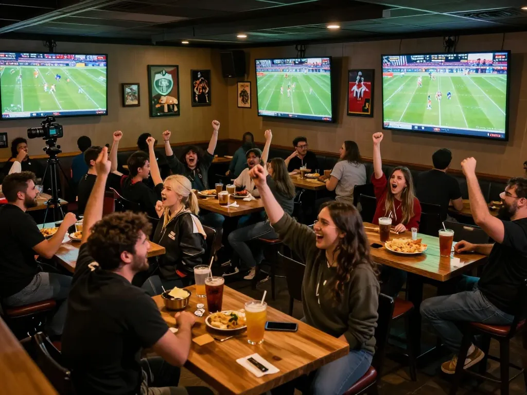 Socolive TV xem bong da experience with fans engaging in live match reactions in a vibrant sports bar.