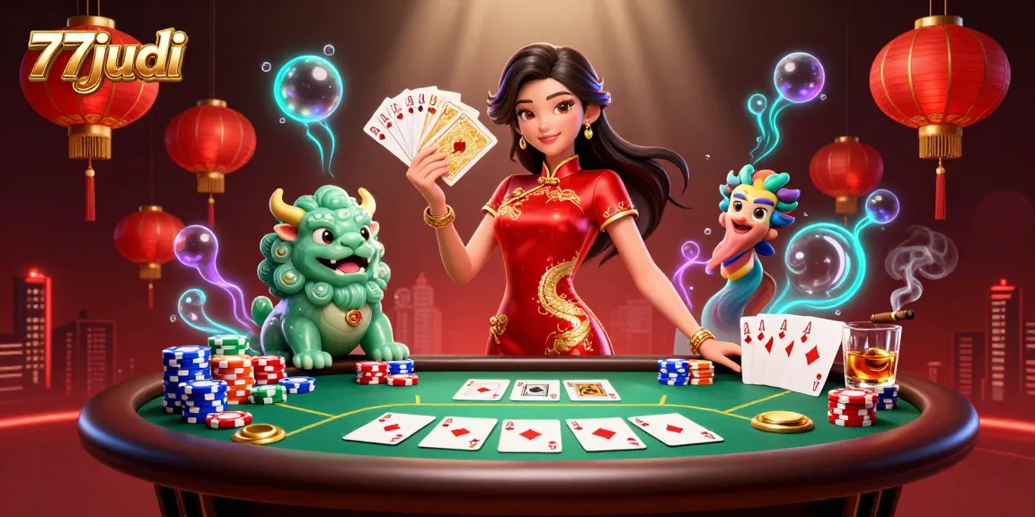 Experience the thrill at 77judi with a stylish 3D casino scene featuring poker games and vibrant decorations.