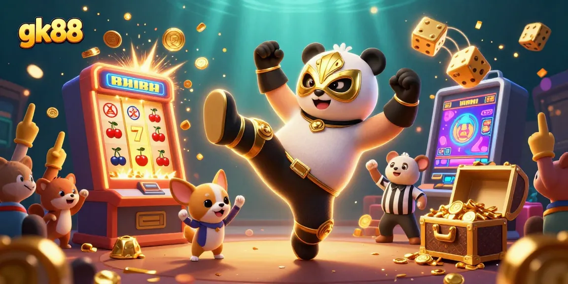 Experience the thrill of gk88 with a playful panda, lively animals, and exciting casino elements.