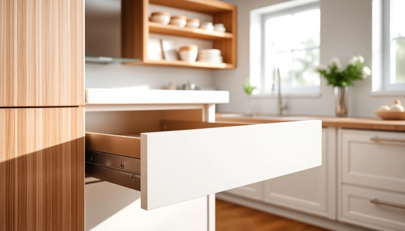 Highlighting the Double Wall Drawer System in a modern kitchen setup emphasizing its design and smooth functionality.