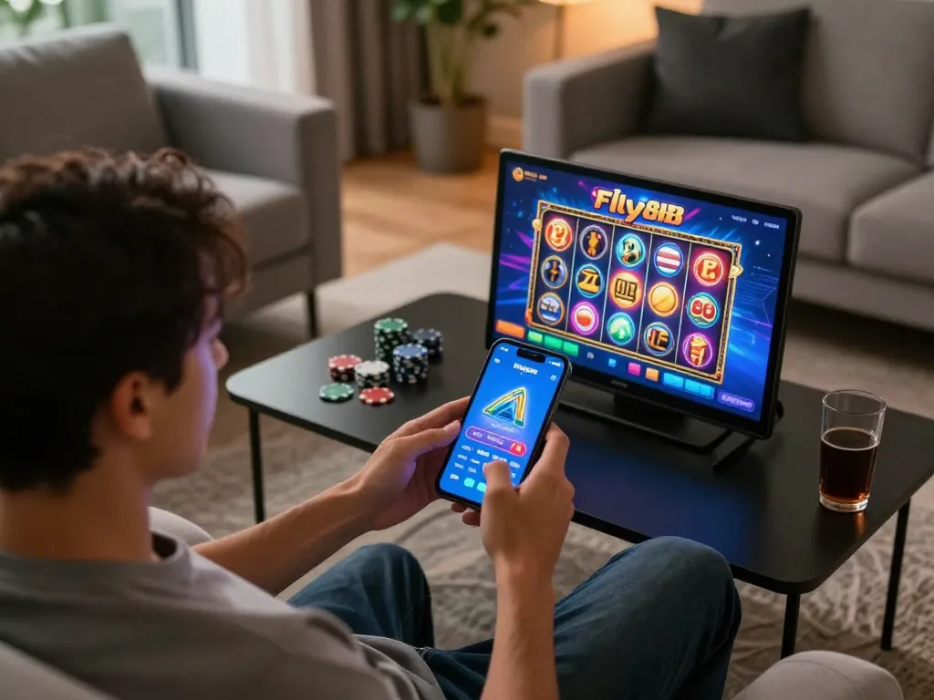 Player enjoying Fly88 mobile app, engaging with exciting slot games in a cozy living room.