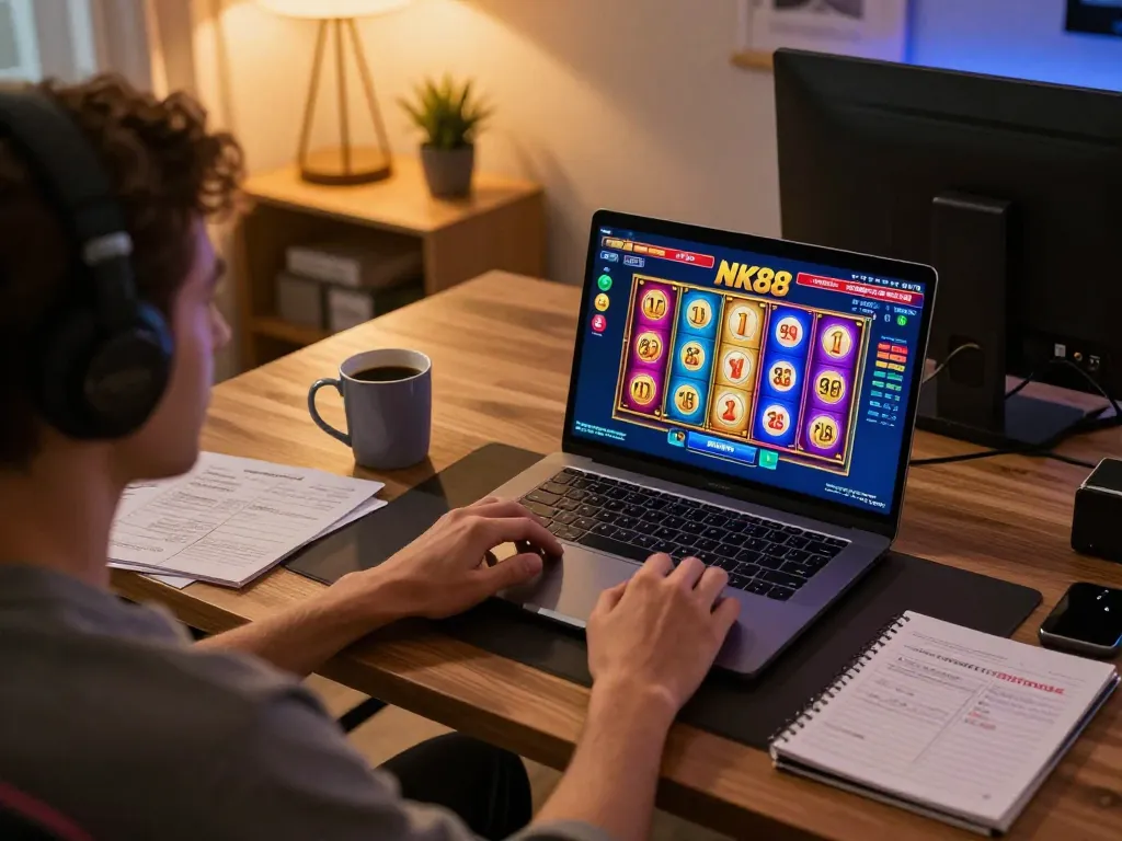 Engaging with the NK88 casino online slots game on a laptop in a cozy home setup