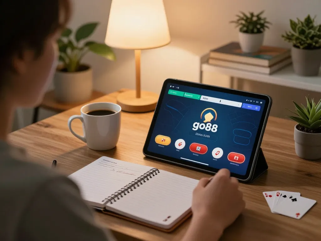 Person gaming on go88 poker app from a cozy home setup with betting notes.