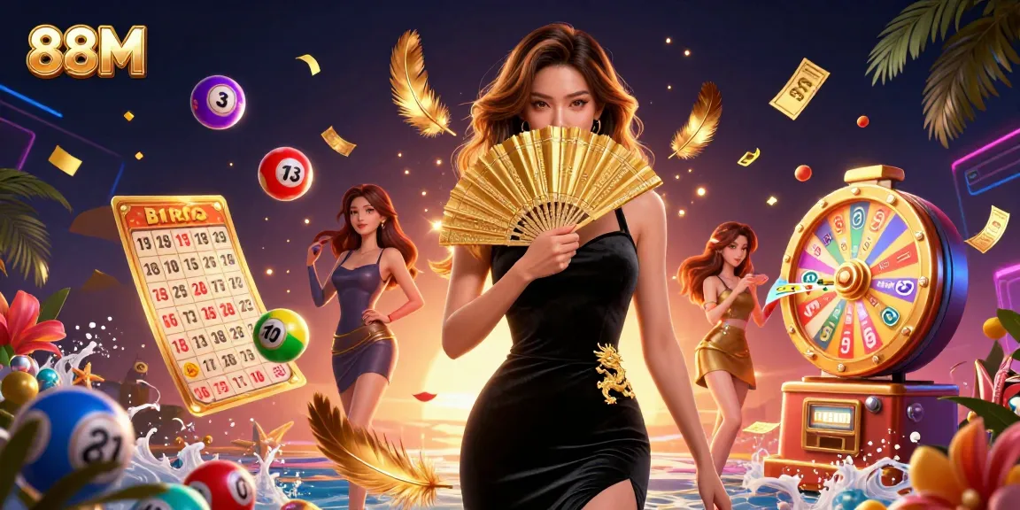 88M captivating casino illustration with an elegant Asian woman and vibrant lottery elements.