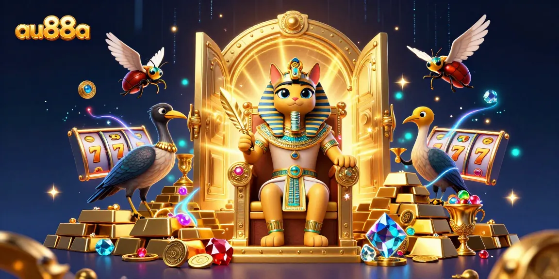Experience thrilling gameplay at au88a with a vibrant 3D illustration featuring a pharaoh cat and jackpot treasures.