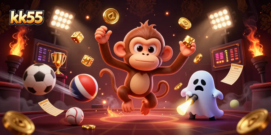 Engage with kk55's gaming excitement surrounded by sports and casino elements, featuring a playful poltergeist monkey.