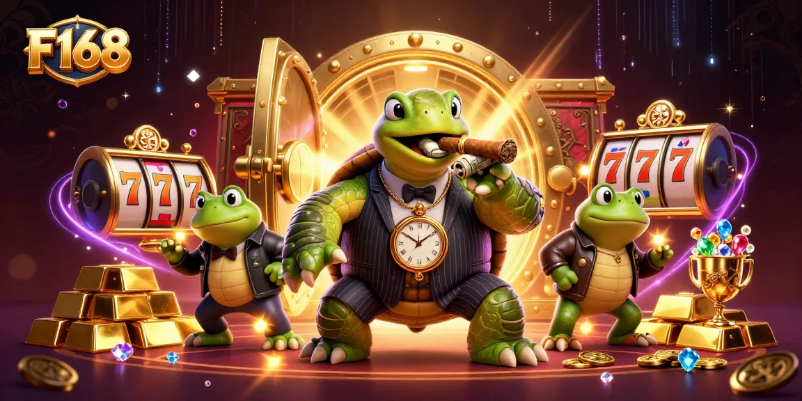 F168 casino characters celebrate with gold treasures and slot reels in an engaging gaming scene.