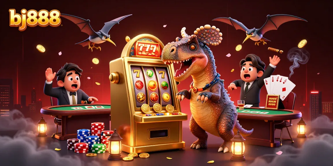 Experience thrilling wins at bj888 with a playful dinosaur interacting with a jackpot machine