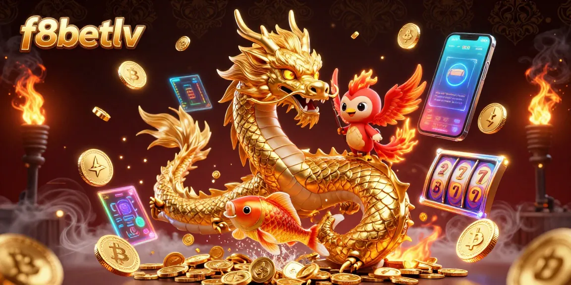 Win big at f8betlv with a golden dragon, phoenix, and koi fish surrounded by colorful slot symbols.