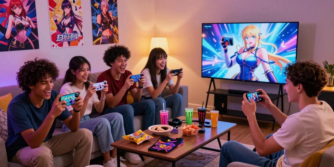 Group enjoying mobile hentai games in a vibrant lounge with cozy lighting and gaming accessories.