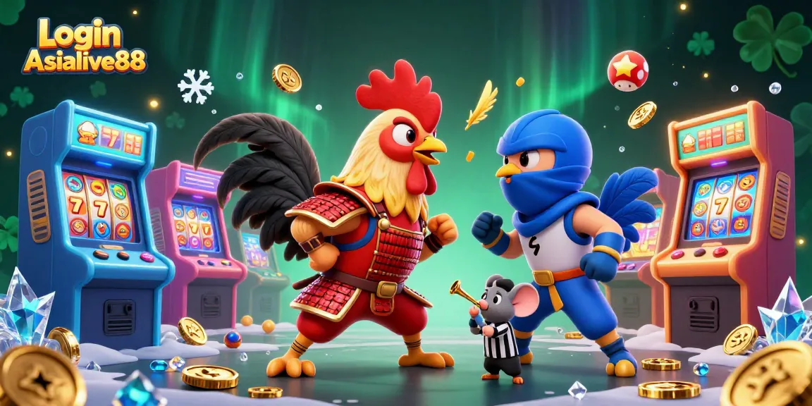Experience exhilarating gaming with Login Asialive88 featuring dynamic cartoon roosters and casino game elements.