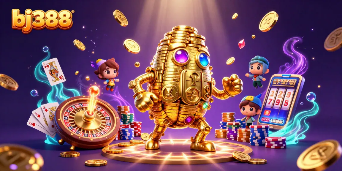 Experience the thrill of bj388 with vibrant casino action, featuring dynamic characters and sparkling elements.