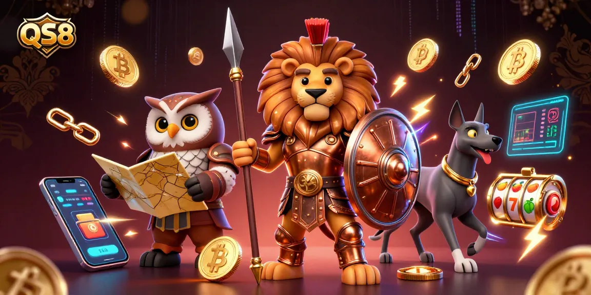 Experience thrilling gameplay with QS88's animated Spartan lion and owl strategist amidst glowing cryptocurrencies.
