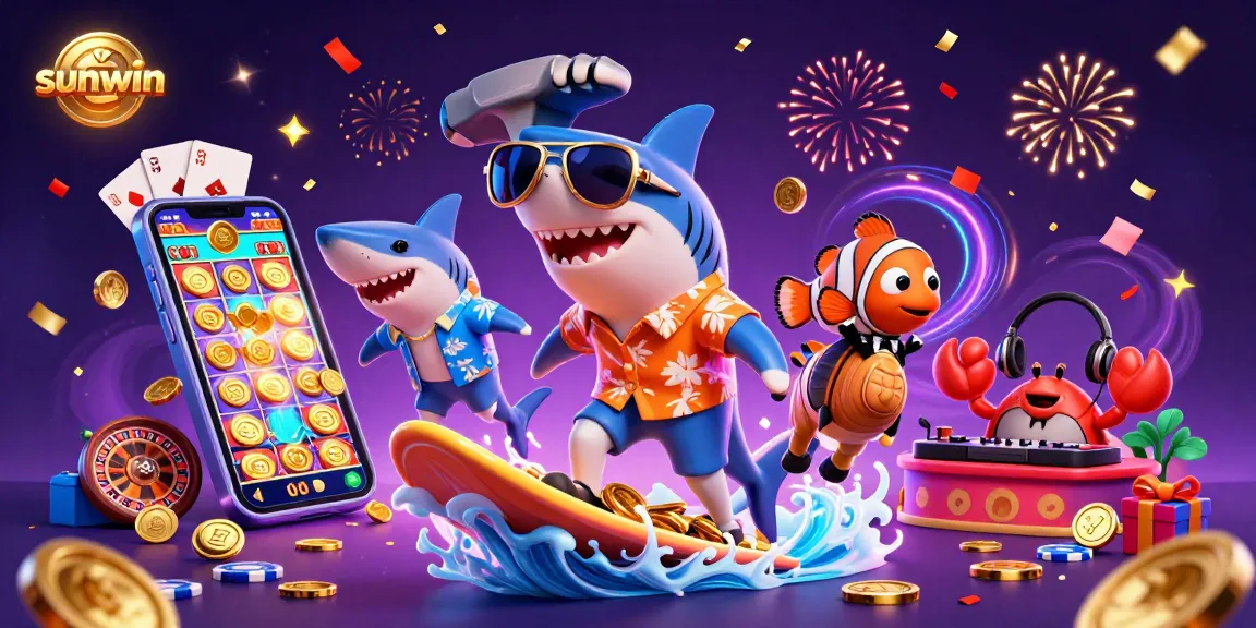 Experience thrilling wins at sunwin with a vibrant 3D illustration featuring gaming icons and characters.