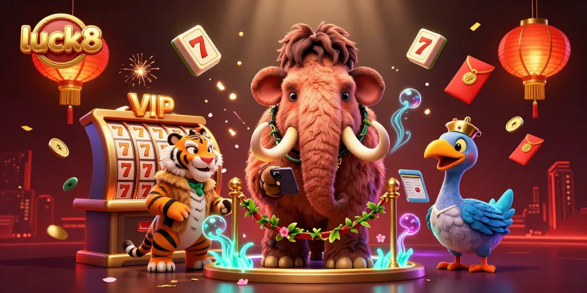 Experience luck8 at the casino with a woolly mammoth bouncer checking IDs amid festive games.