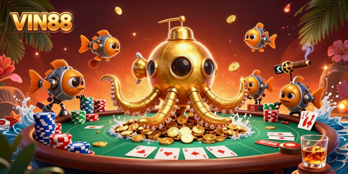 Experience thrilling action with VIN88 as the golden kraken submarine dives into a sea of coins and poker elements