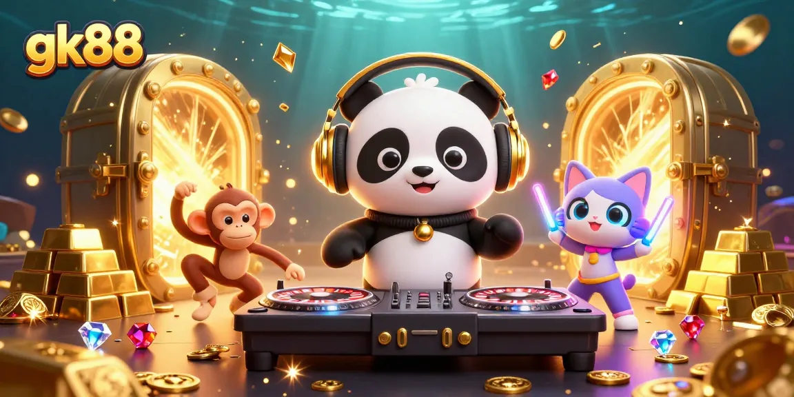 Experience the vibrant world of gk88 with a DJ panda spinning roulette turntables in a lively casino scene.