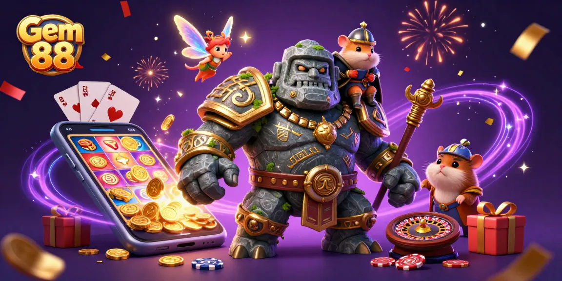 Spin and win with Gem 88 in a vibrant casino scene filled with magical characters and gaming excitement.